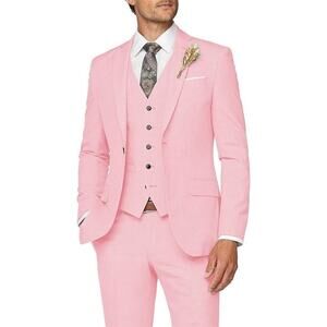 Wangyue Men Suit Slim Fit 3 Piece Checked Suits in Pink, Size M​​​